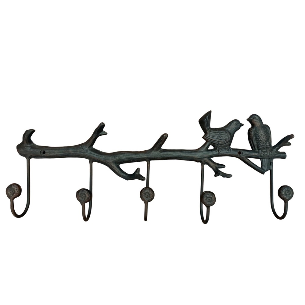 Cast Iron Bird Tree Branch Wall Hook Rack 5 Hook Rustic Black Metal Coat Hanger